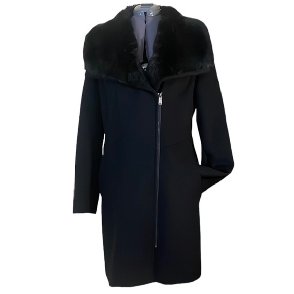 DKNY Black Asymmetrical Wool Mix Coat with Faux Fur Collar Size 14 - Picture 11 of 16